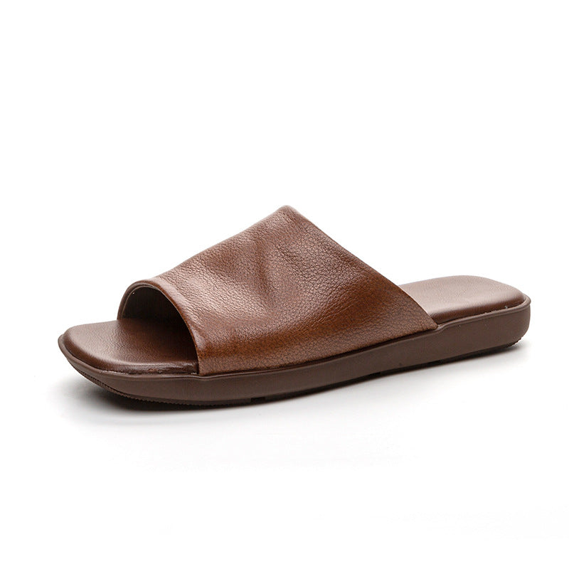 Women's First Layer Cowhide Summer One-word Artistic Retro Outer Sandals