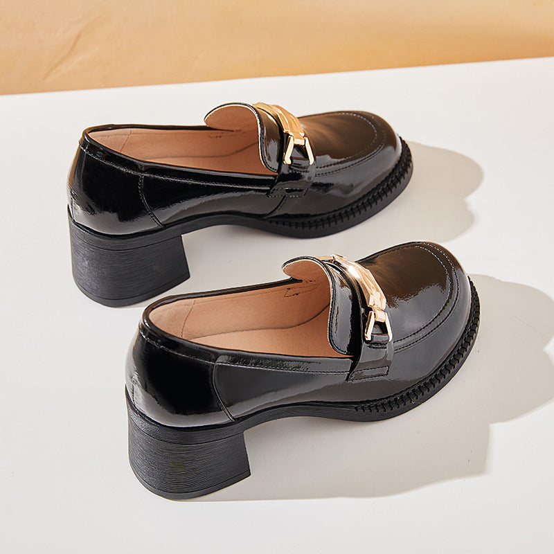 Women's Style Genuine Pumps Autumn Chunky Height Increasing Retro Round Casual Shoes