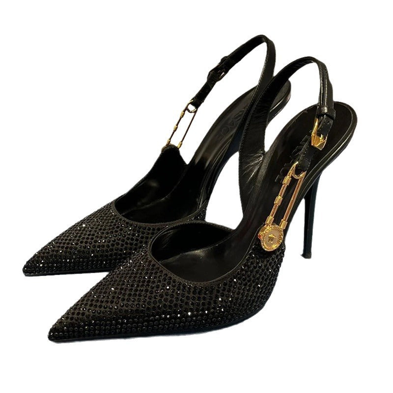 Women's Summer Pointed Toe Black Crystal Pin Badge High Heels