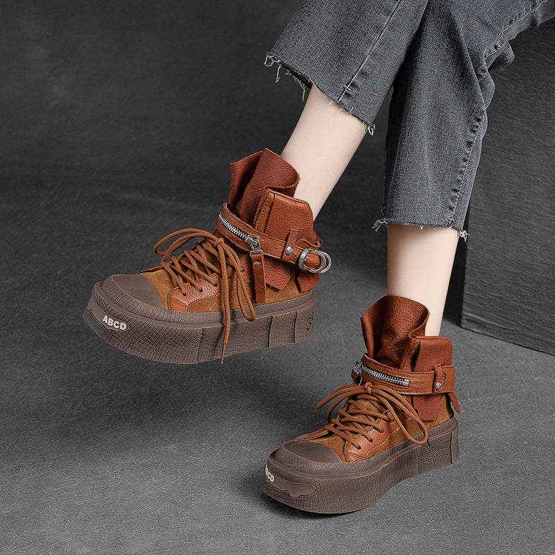 Women's Shu Low-cut Ankle Top Layer Cowhide Round Toe Boots