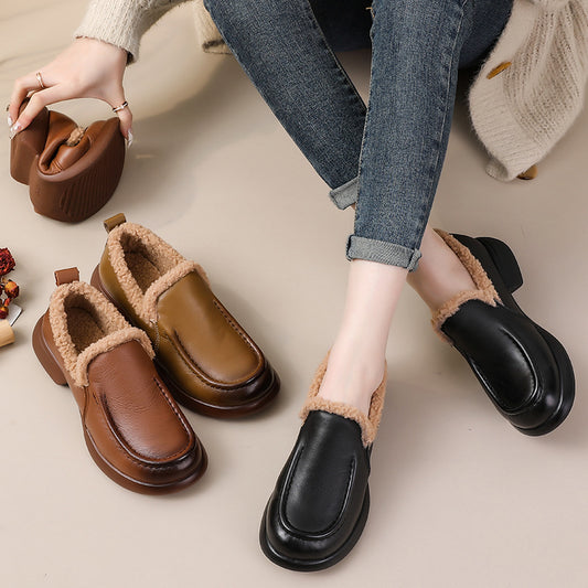 Cowhide Fluffy Thick Bottom Winter Plush Chunky High Loafers