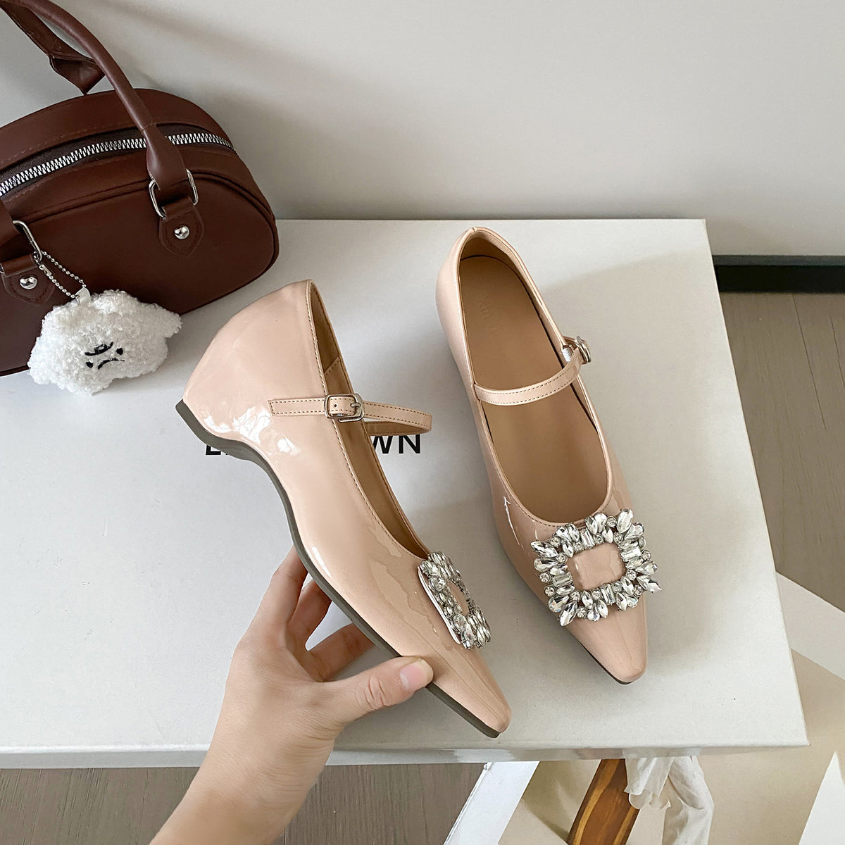 Women's Increasing Insole French Rhinestone Mary Jane Word Buckled Chunky Outer Women's Fashion Shoes