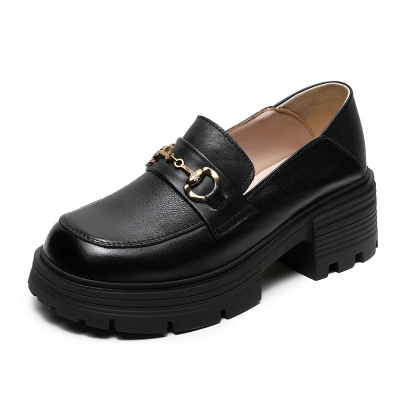 Women's Genuine Platform British Style Mid Uniform Metal Buckle Heightened Loafers