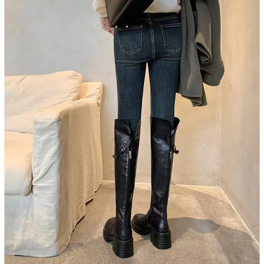 Combat Round Toe Pleated Chunky Thigh High Boots