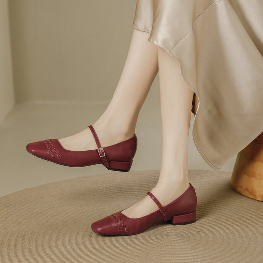 French Style Weave Vintage Pumps Female Square Toe Word With Women's Fashion Shoes