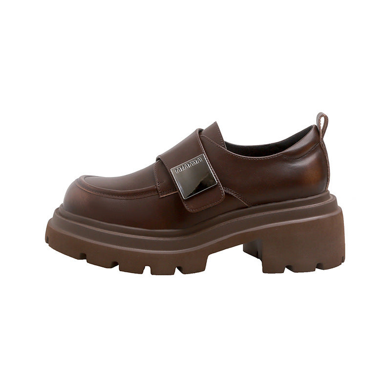 Women's & Men's Thick-soled British Style Velcro Square Buckle Brown Loafers