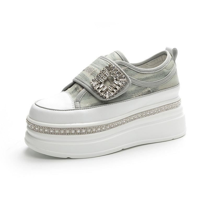 Women's Velcro Small White Autumn Thick Bottom Increased Rhinestone Board Women's Casual Shoes