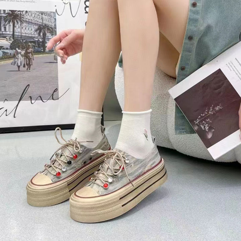 Women's Old Summer Super Popular Muffin Bottom Campus White Canvas Shoes