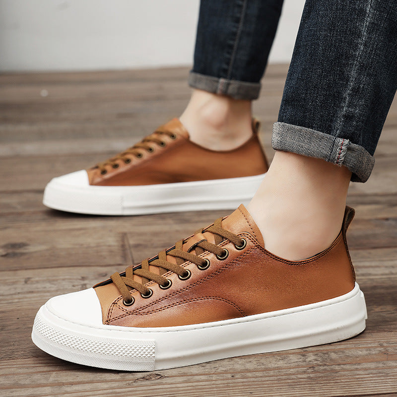 Men's White First Layer Cowhide Daily British Trend Men's Board Shoes
