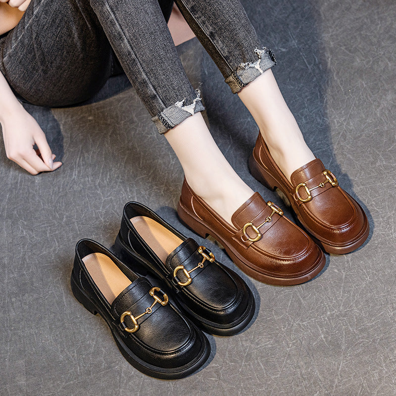 Women's Single-layer Cowhide Metal Buckle Mid Soft Loafers