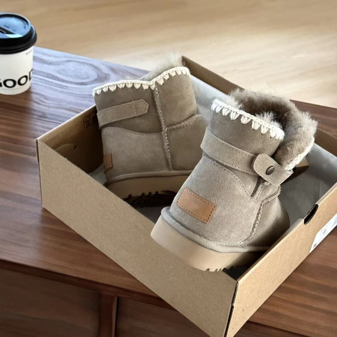 Winter Thick-soled Wool Woven Side Belt Snow Boots