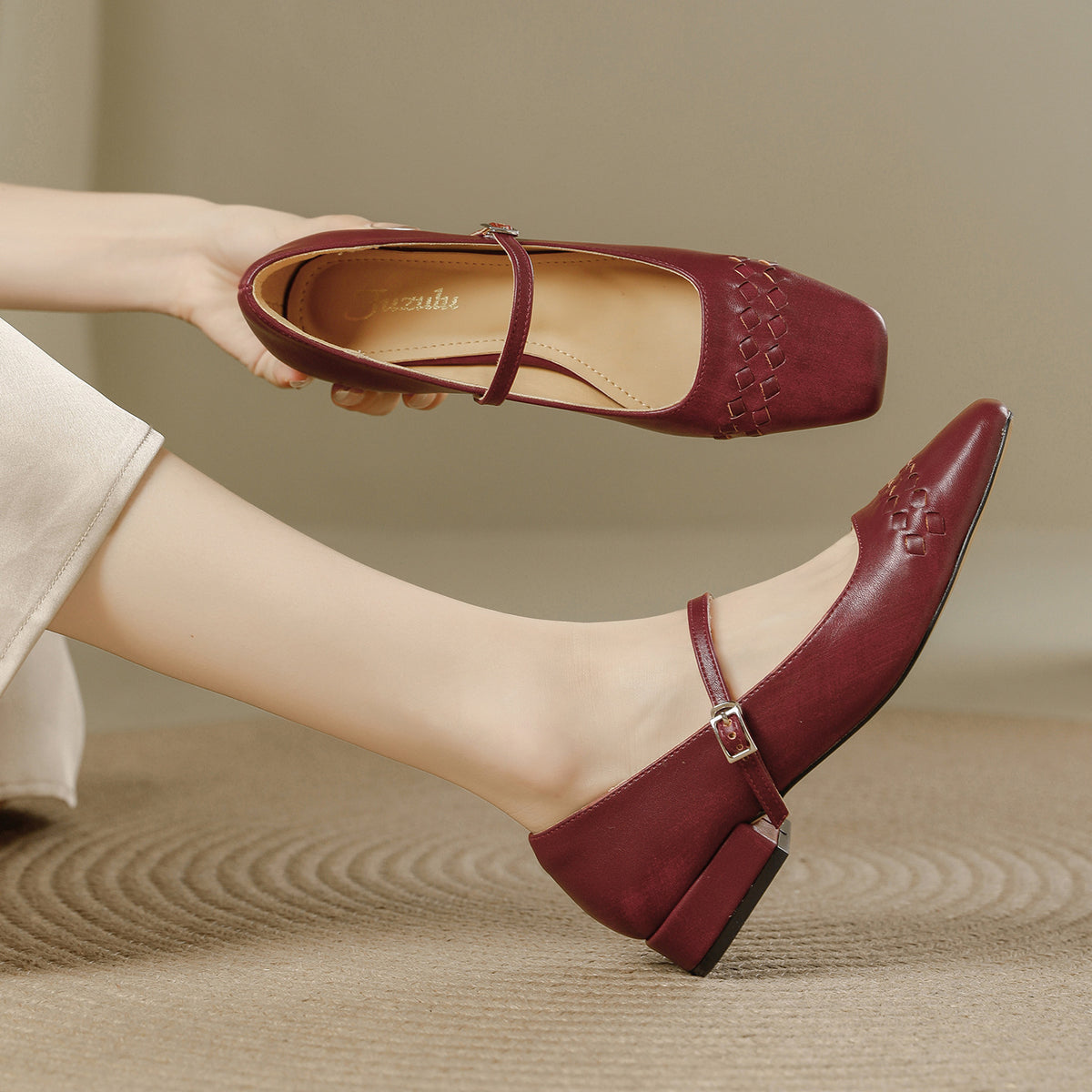 French Style Weave Vintage Pumps Female Square Toe Word With Women's Fashion Shoes