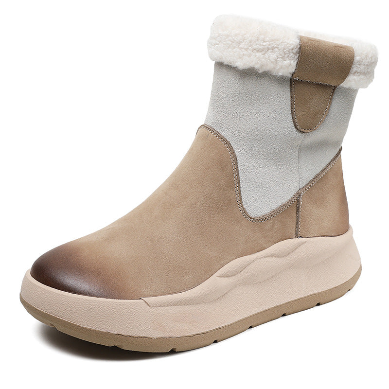 Women's Retro Color Matching First Layer Cowhide Real Snow Boots