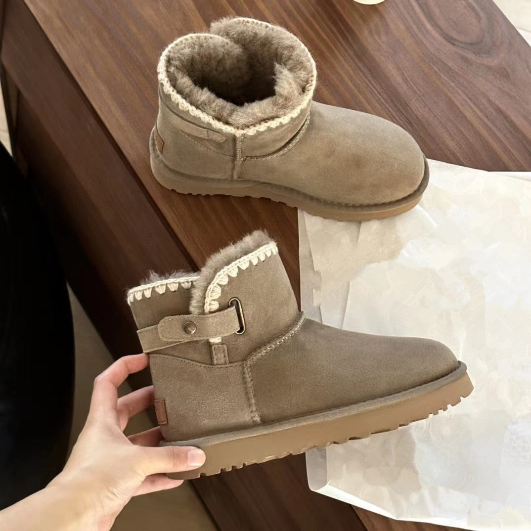 Winter Thick-soled Wool Woven Side Belt Snow Boots