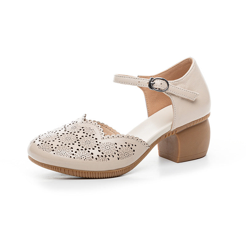 Women's Soft Bottom First Layer Cowhide Retro Heels