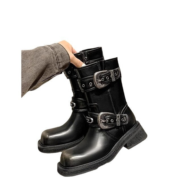 Women's Square Toe Middle Motorcycle Mid Western Boots