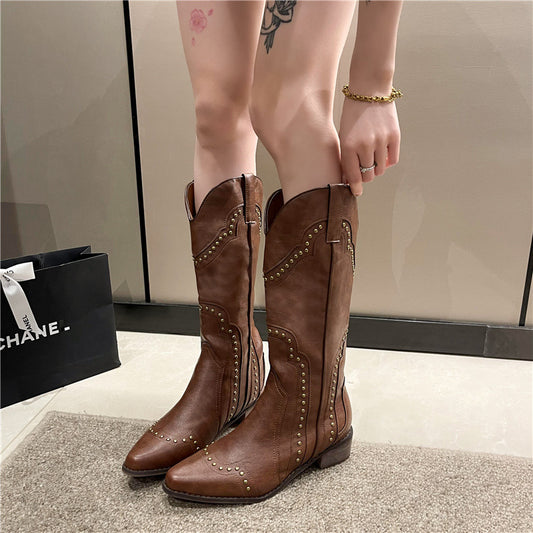 Women's Retro Rivet Western Cowboy High Knee-length Heels