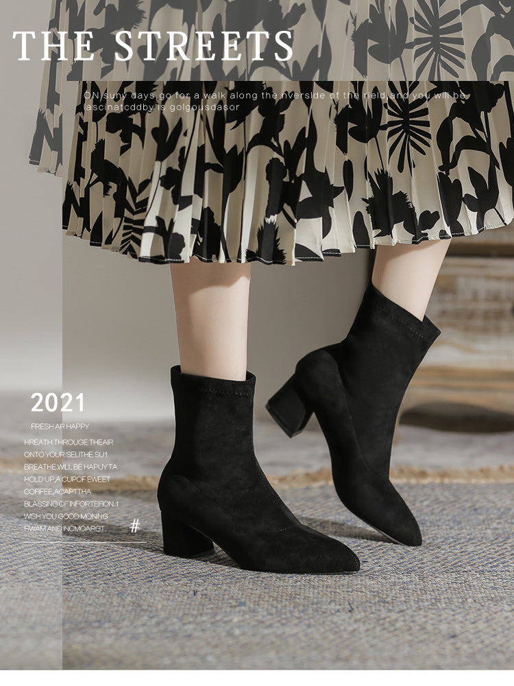 Women's Chunky High Black Booties Plush Lining Casual Shoes
