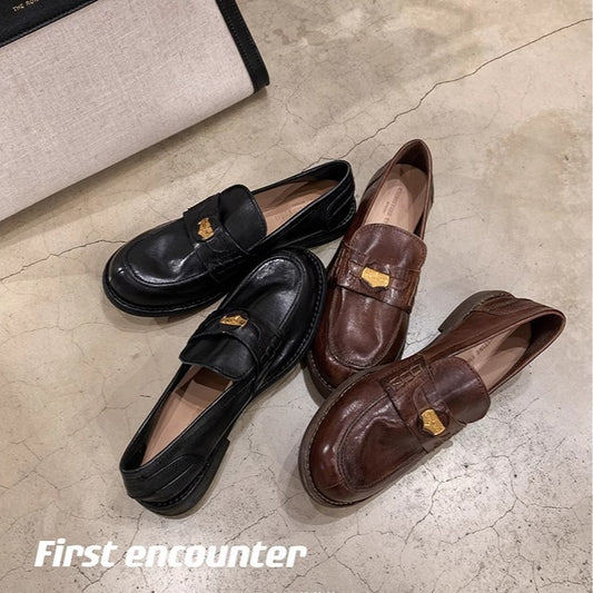 Women's Round Head Thick Bottom Retro Rub Colored Small Gold Loafers