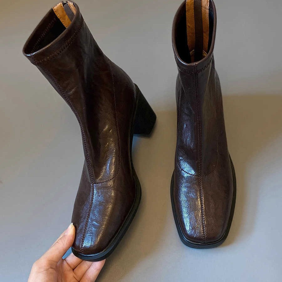 Women's High Mute Square Toe Skinny Ankle Thick Vintage Martin Heels