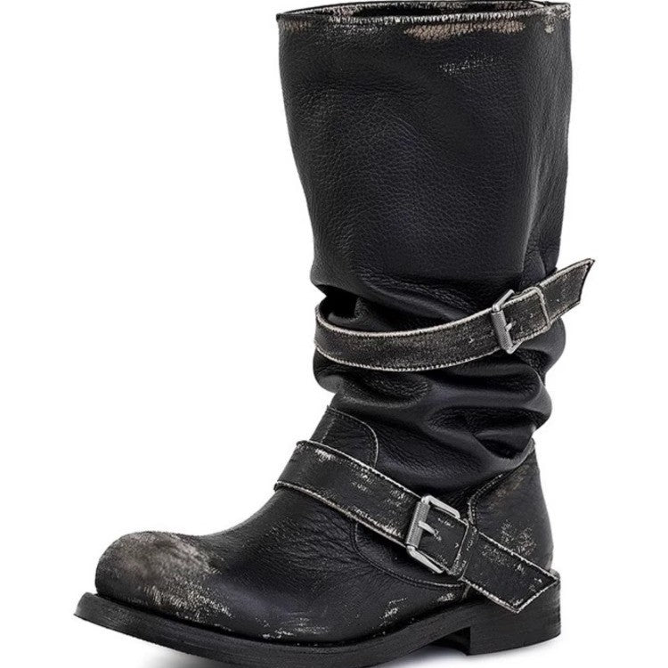 Women's Belt Buckle Pile Style Chunky Retro Distressed Boots