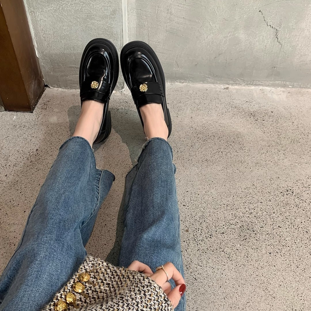 Women's Cowhide Version Genuine Platform Spring Gold Coin Loafers