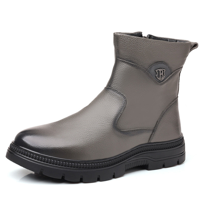 Men's Layer Cowhide Cotton Wool Fleece-lined Warm Boots
