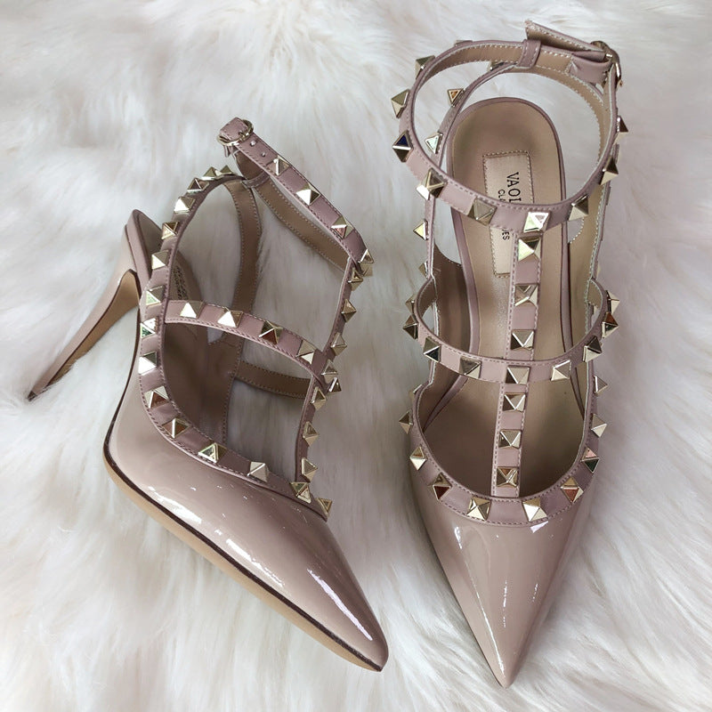 Women's High Rivet Pointed Toe Patent Stiletto Heels