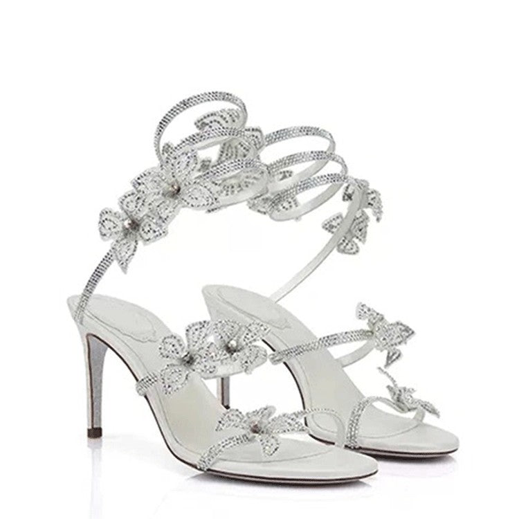 Rhinestone Flower Ankle Winding Round Toe Stiletto Plus Heels