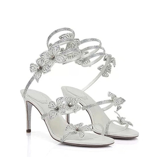 Rhinestone Flower Ankle Winding Round Toe Stiletto Plus Heels