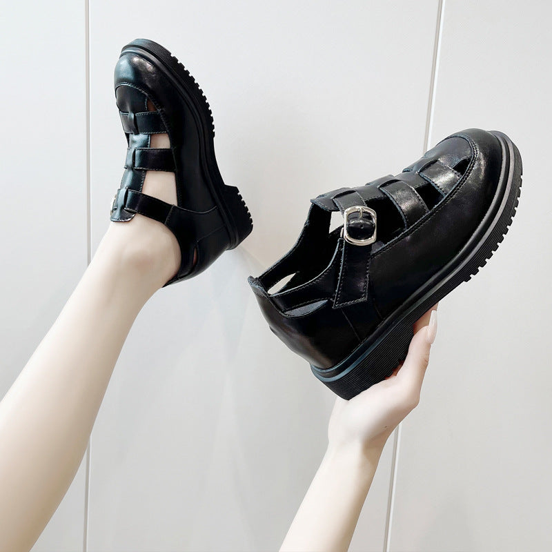 Women's Preppy Style Thick-soled Roman Fashionable Outerwear Genuine Heels