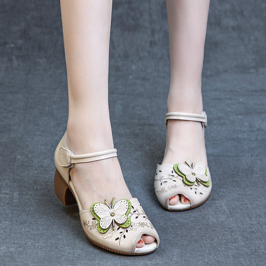 Women's Summer Chunky Peep Toe First Layer Cowhide Cotton Heels