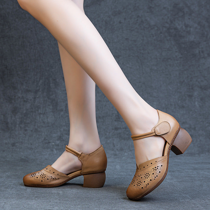 Women's Hollowed Summer First Layer Cowhide Closed Toe Heels