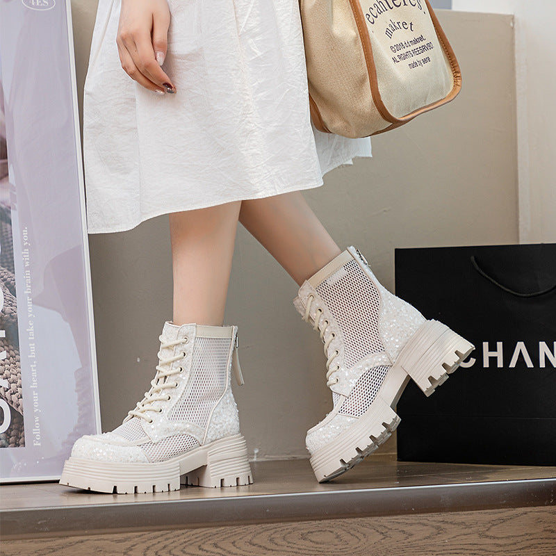 Women's Sexy Sequin Chunky Breathable Mesh High Sandals