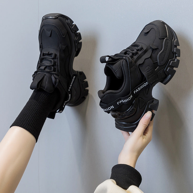 Women's Autumn Fashionable Thick-soled Black Genuine Height Sneakers
