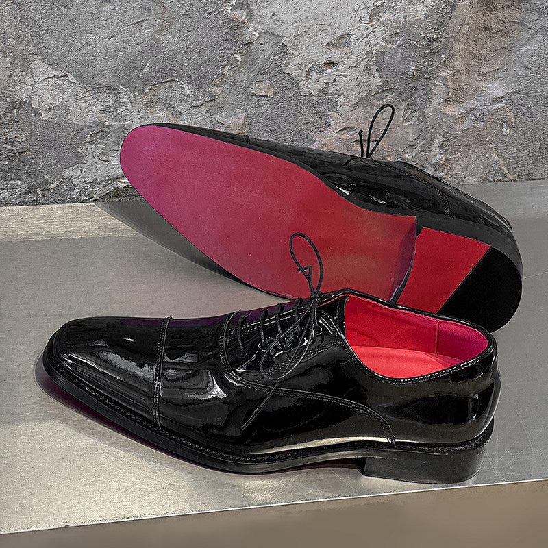 Men's Black Glossy British Red Bottom Commuter Derby Thick Men's Business Leather Shoes