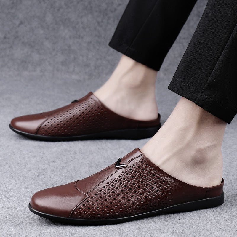 Men's Cattlehide Fashion Leisure Slip On Pumps Hollow Flat Sandals