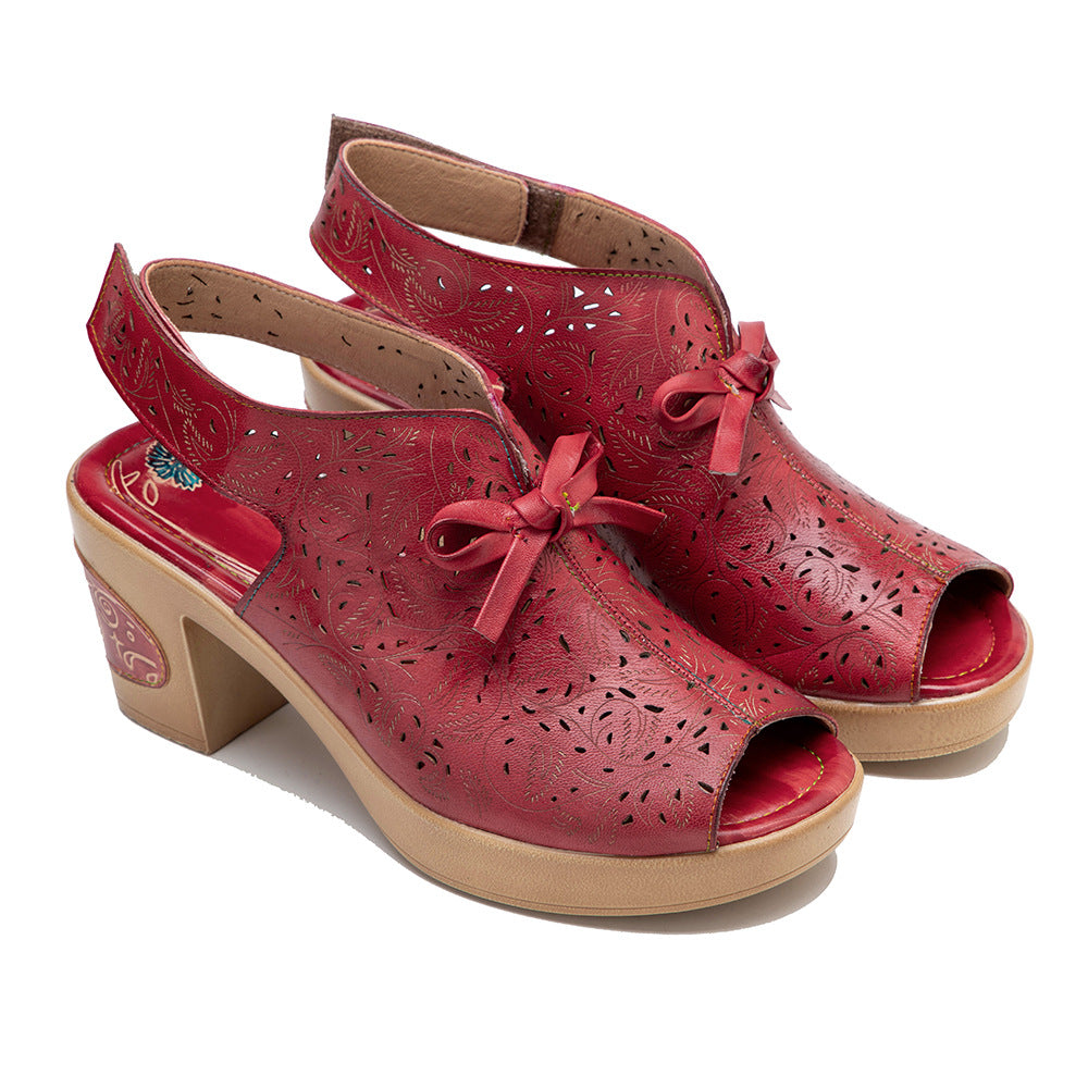 Genuine Hand-rub Color Retro Hollow Comfort Heels