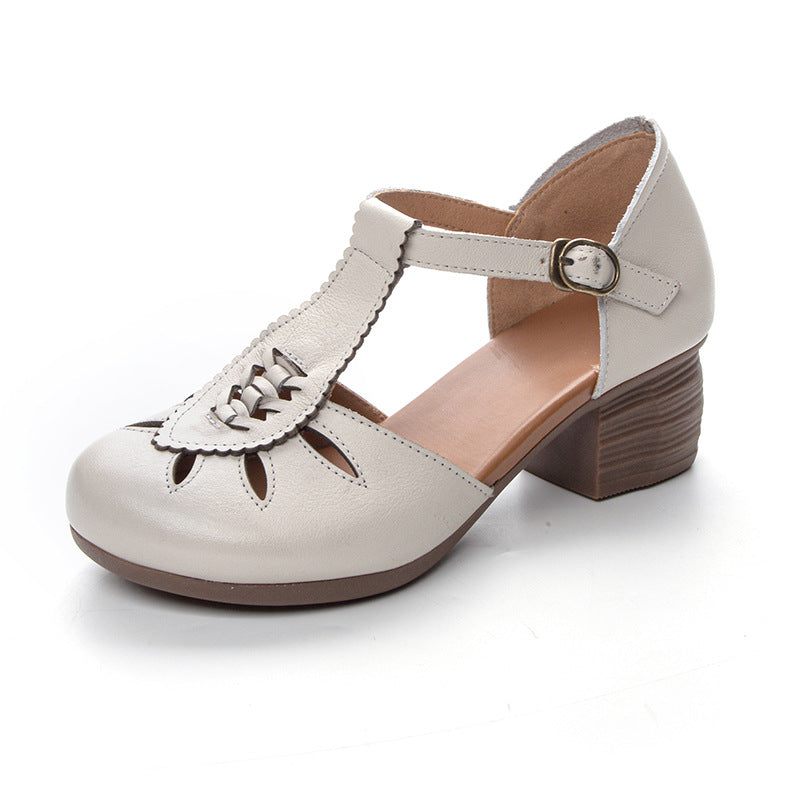 Women's First Layer Cowhide Hollowed Retro Chinese Style Thick Heels