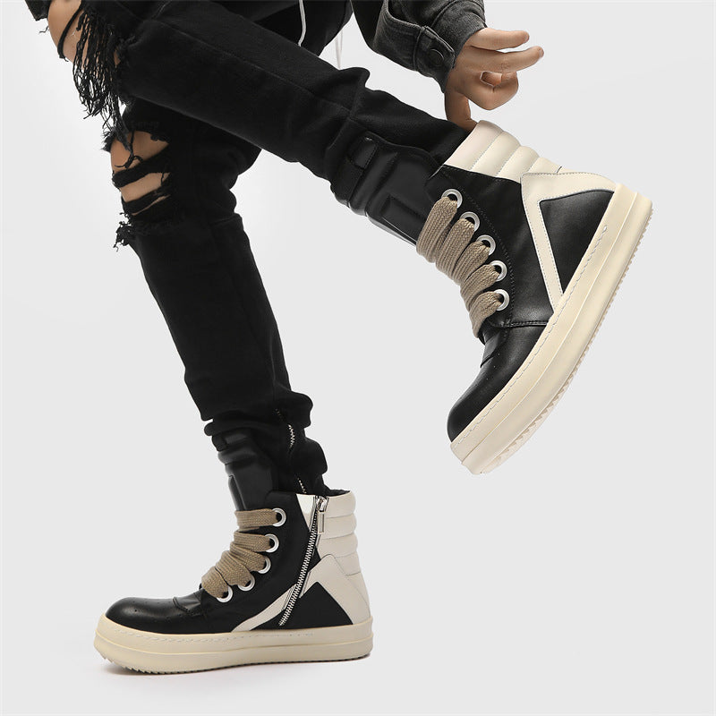 Men's Booties Inverted Triangle Black White Personalized Thick Bottom Hight Increasing Men's Casual Shoes