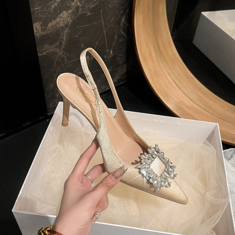 Women's Back Empty Square Buckle Rhinestone Closed Heels