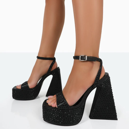 Summer Black Platform Thick Roman High Heels
