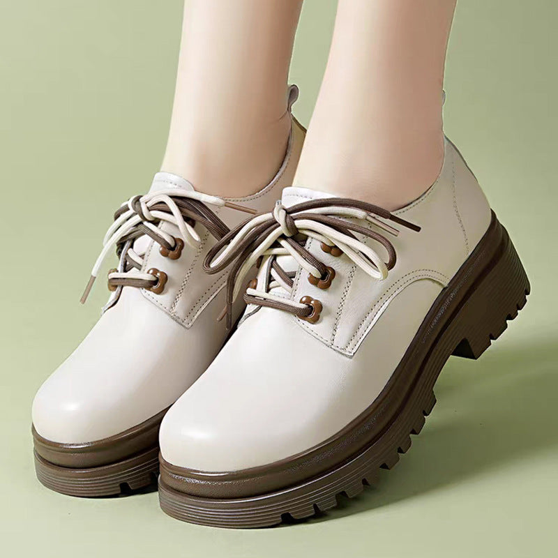 Women's Authentic Spring Platform Cowhide British Style Dissoed Black Leather Shoes