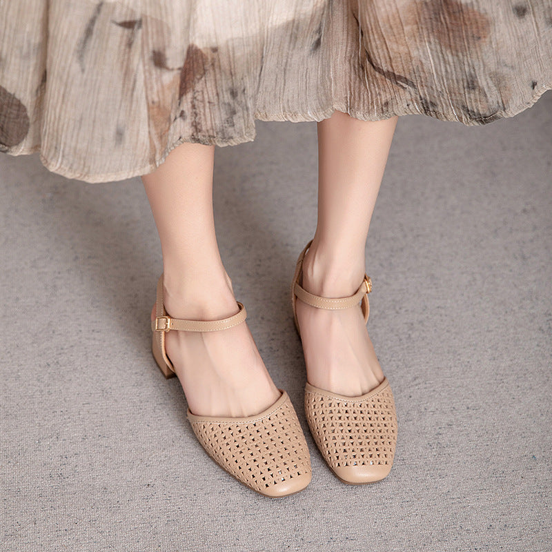 Women's Cowhide Handmade Genuine Woven Hollowed Buckle Mid Toe Women's Shoes