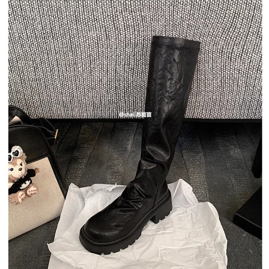 Women's Cowhide Version Thick Bottom Chunky Pleated Tube Boots