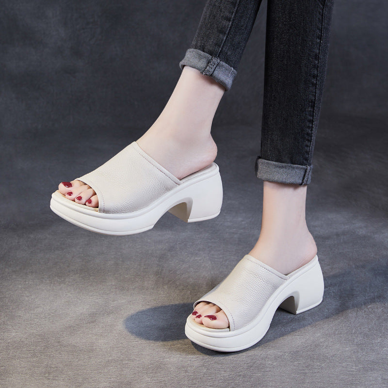 Summer First Layer Cowhide Soft Bottom Medium Thick Heels