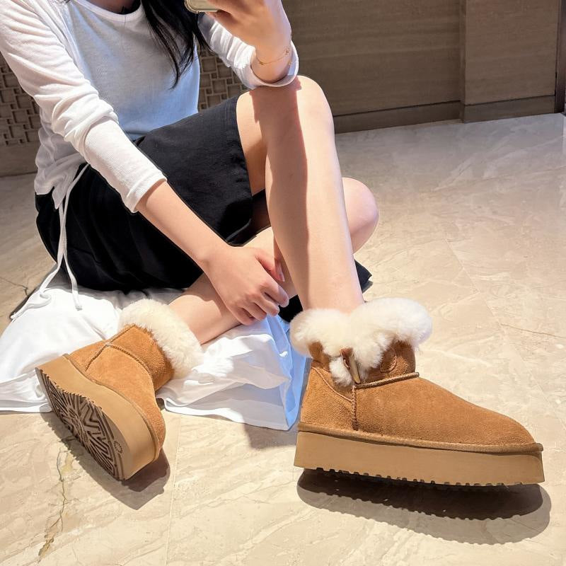 Women's Platform Horn Button Cowhide Wool Fleece Snow Boots