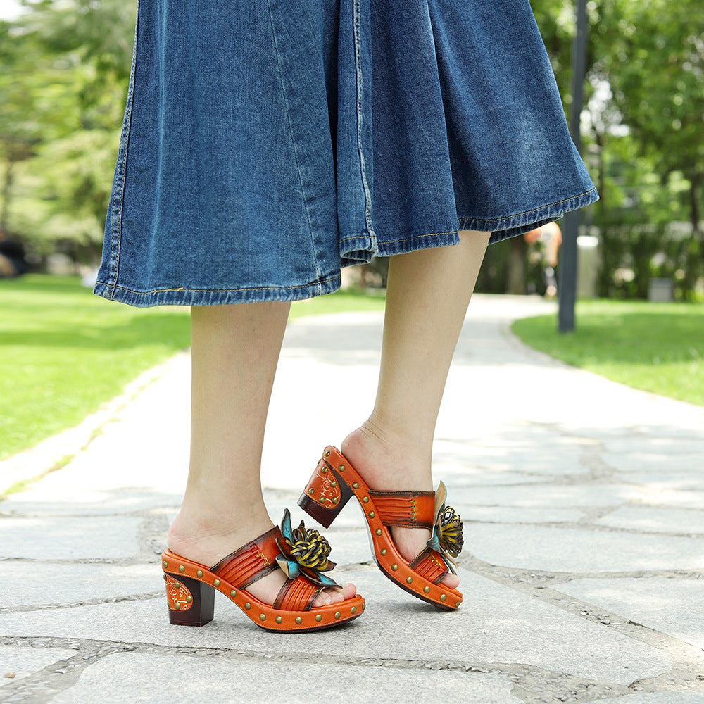 Genuine Retro Hand-rub Color Pleated Three-dimensional Heels