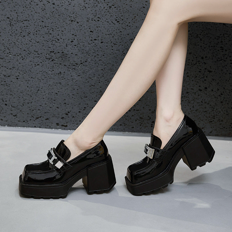Women's Platform Height Increasing Slip-on Chunky Black Loafers