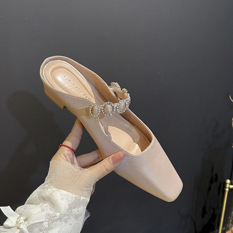 Women's Toe Low-cut Half Chunky Low Word Diamond Band Heels